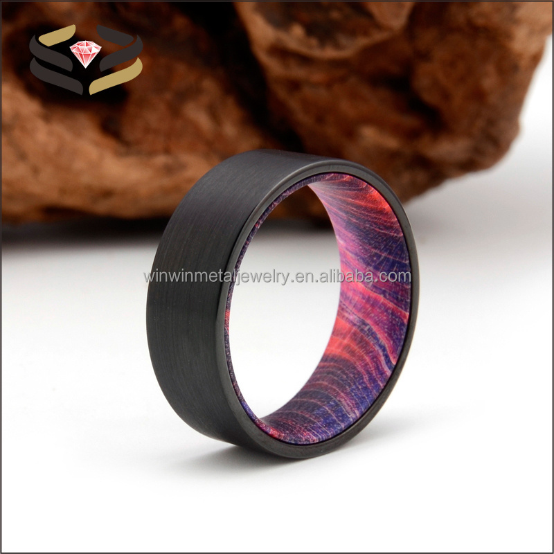 8mm Brushed Black Tungsten Ring with Red Purple Box Elder Liner Men's Wedding Band Flat Edges Comfort Fit