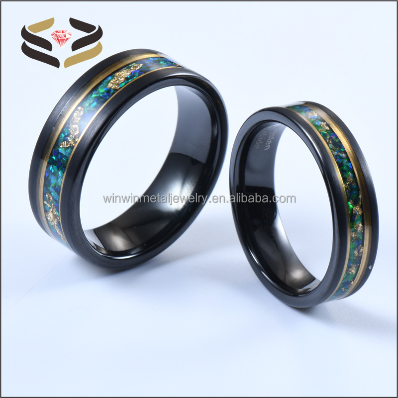 6mm 8mm Black Tungsten Ring Green Emerald Malachite Gold Leaf Inlay Gold line Flat Wedding Band for Men Women