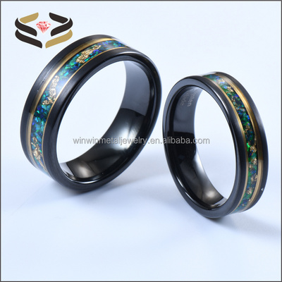 6mm 8mm Black Tungsten Ring Green Emerald Malachite Gold Leaf Inlay Gold line Flat Wedding Band for Men Women