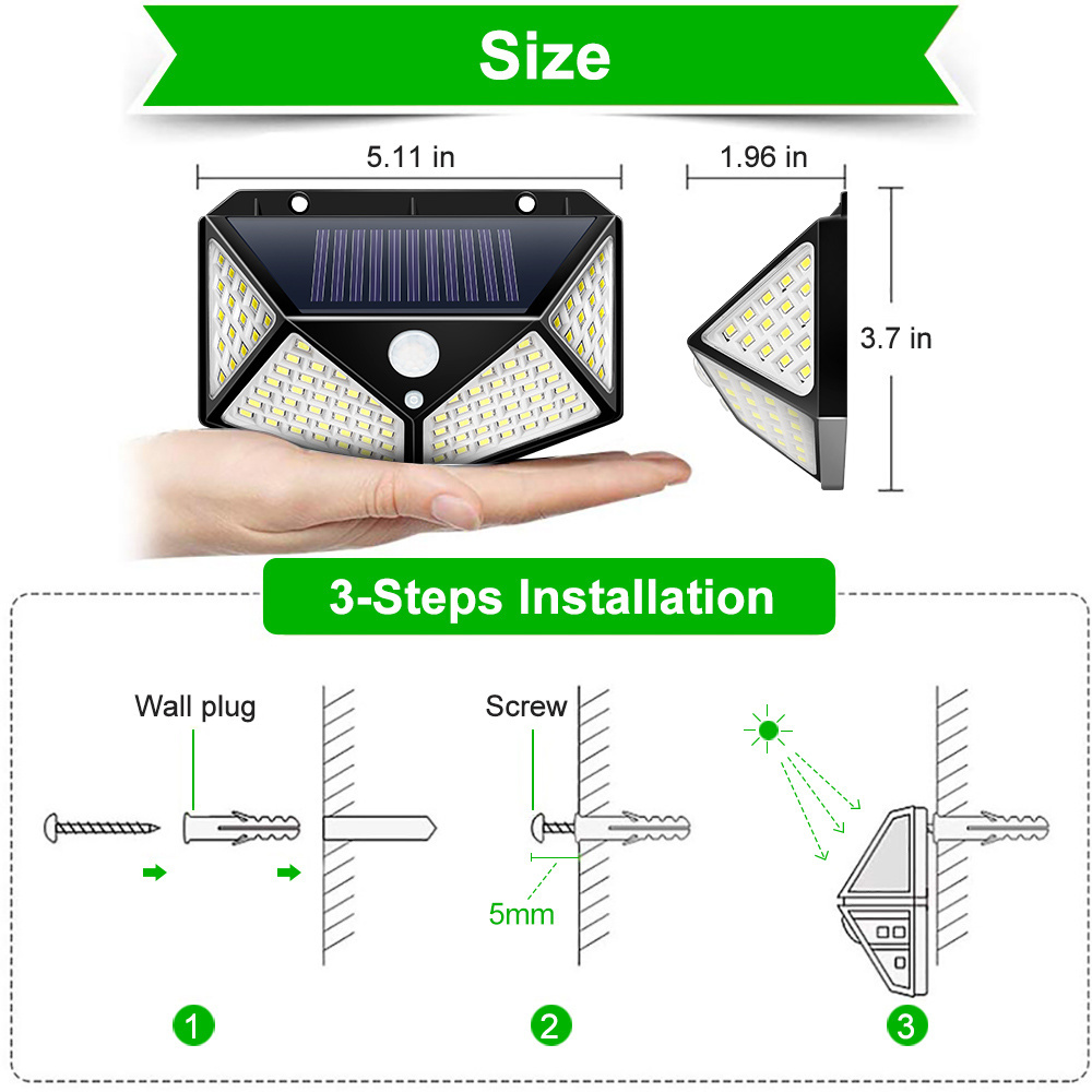 Outdoor IP65 Waterproof Solar Powered 100 LED 3 Modes PIR Motion Sensor Security Light Wall Lamp For Garden Patio Deck Garage