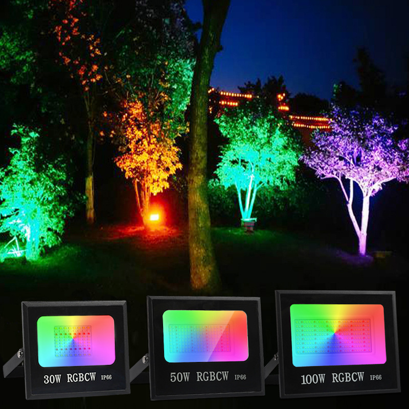 Outdoor Ip66 Waterproof 100w App Control Dimmable Color Changing Landscape Lighting Spotlight Rgbw Led Flood Light