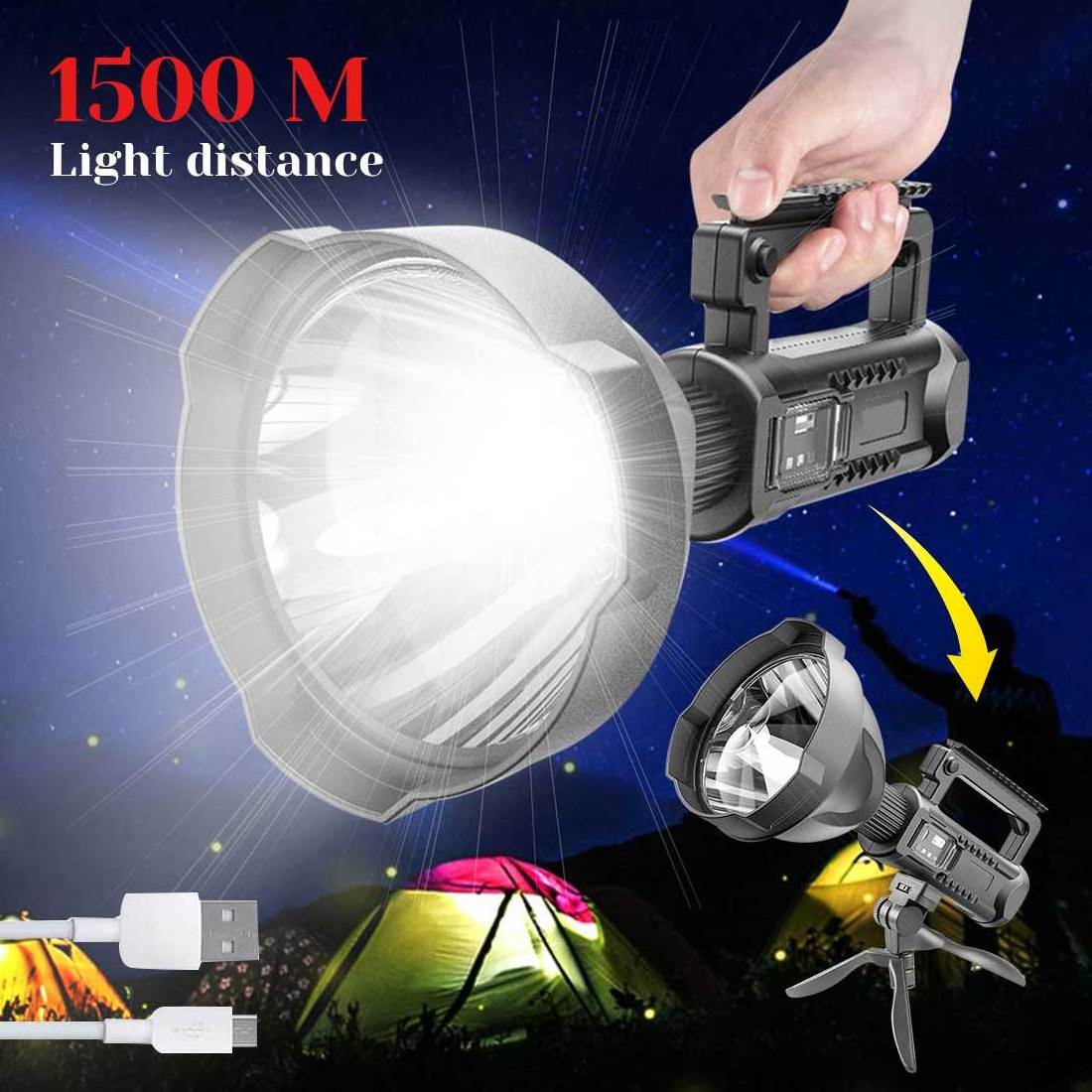 10000 High Lumens 4 Modes P70 Super Bright Large Searchlight LED USB Rechargeable Waterproof Spotlight Flashlight with Tripod