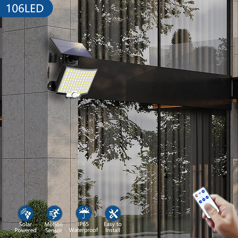 Outdoor Ip65 Waterproof 106 Led Solar Motion Sensor Flood Light Dusk To Dawn Led Solar Security Wall Lamp For Garden Garage