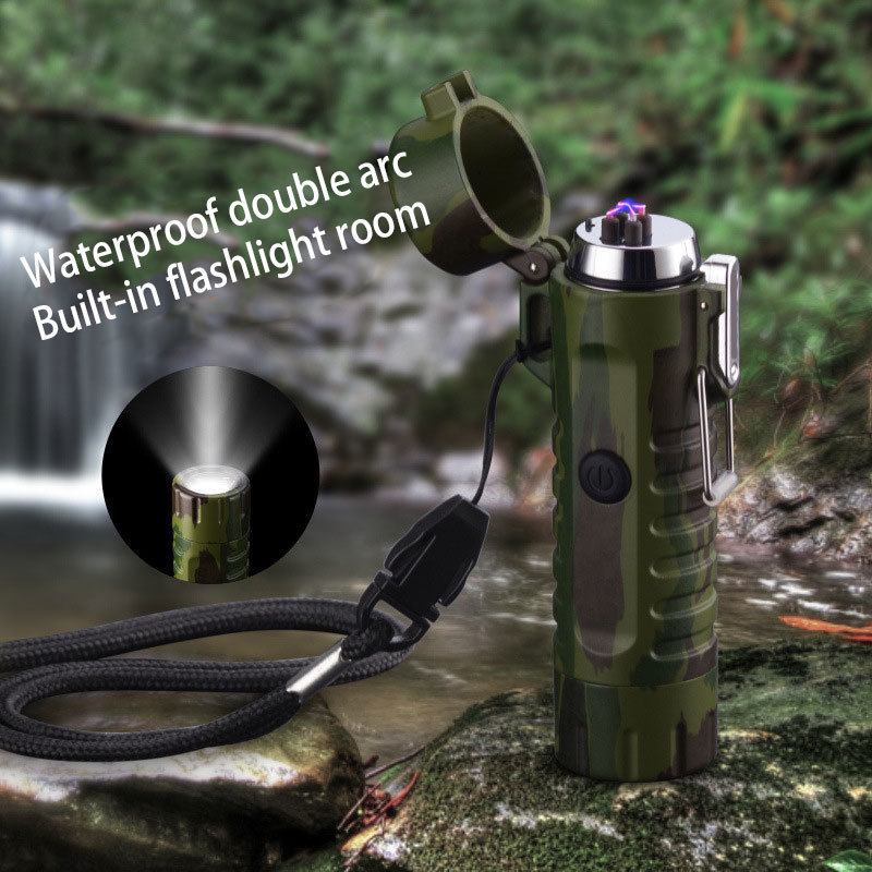 Waterproof Camouflage Usb Plasma Rechargeable Electric Flameless Windproof Arc Lighter Flashlight For Outdoor Camping Hiking