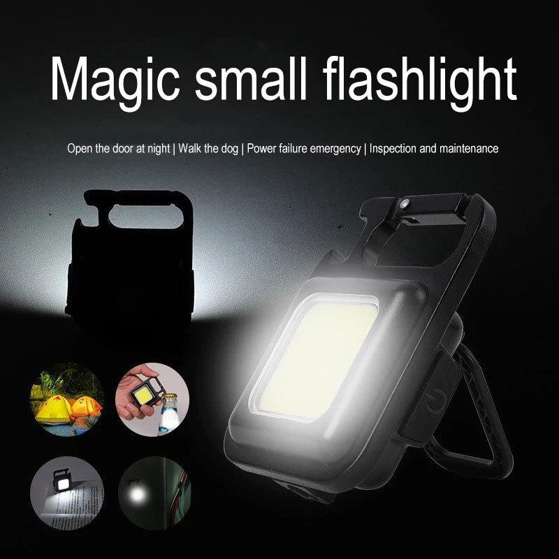 Ultra Bright 500 Lumen Mini Cob Keychain Flashlight 4 Lighting Mode Pocket Light With Folding Bracket Bottle Opener