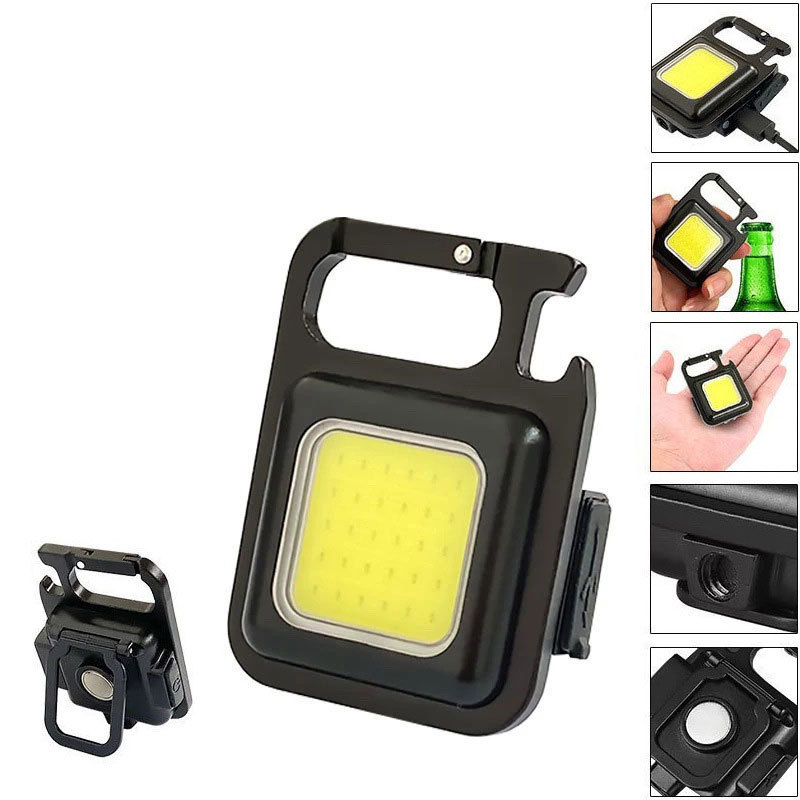 Ultra Bright 500 Lumen Mini Cob Keychain Flashlight 4 Lighting Mode Pocket Light With Folding Bracket Bottle Opener