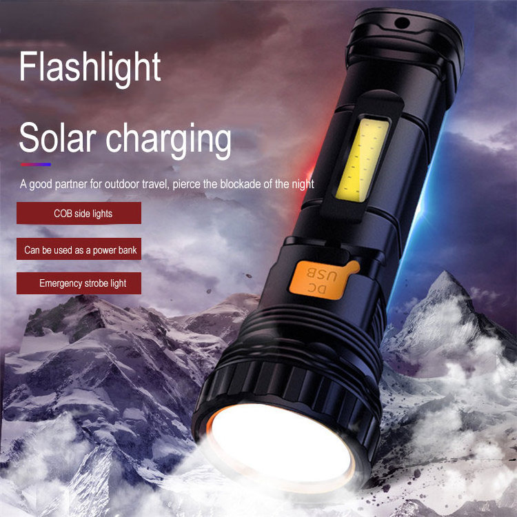 Outdoor Waterproof Usb Solar Charging Rechargeable Emergency Torch Hand Lamp Flashlight With Cob Side Light