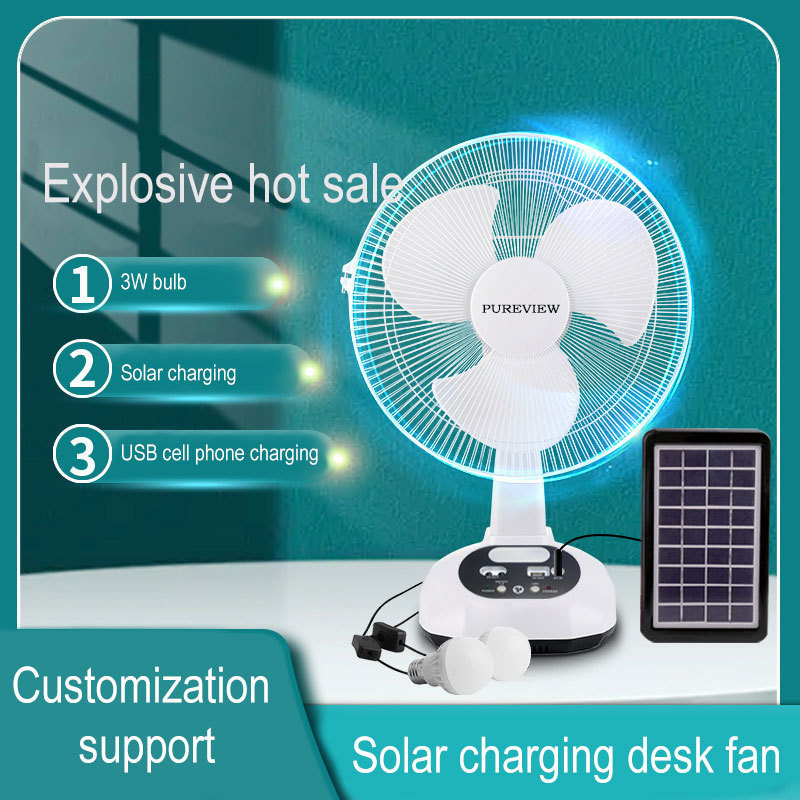 Ac 12v Dc Rechargeable 12 Inch Solar Charging Power Table Fan With Solar Panel And Led Bulb Lights Usb Ports For Home Office