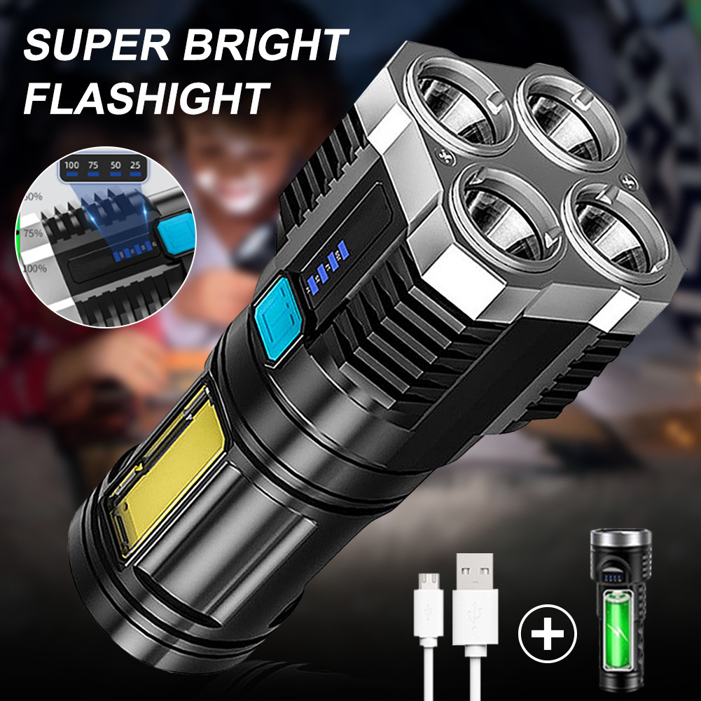 Super Bright 4 Core Led Flashlight Cob Side Light Usb Rechargeable Multifunctional Portable Torch Suitable For Outdoor Camping