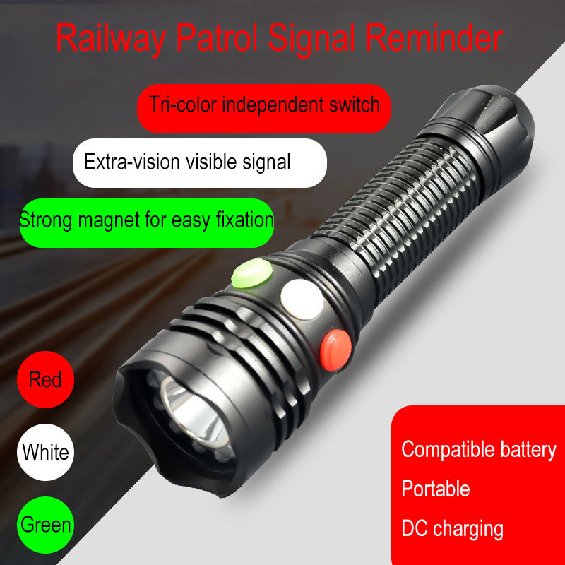 Waterproof Rechargeable Train Railway Signal Red White Green Tricolor Led Torch Light Flashlight For Work Lighting Magnet Tail