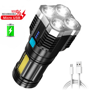 Waterproof 4 Led Usb Rechargeable Long-Range Spotlight Led Strong Bright Torch Flashlight With Battery Display Cob Side Light