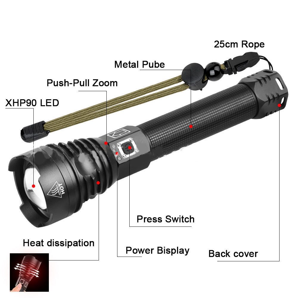 Xhp90 Led Strong Zoom Flashlight 18650 Or 26650 Usb Charging Power Display Led Torch Lantern Hunting Lamp Hand Light