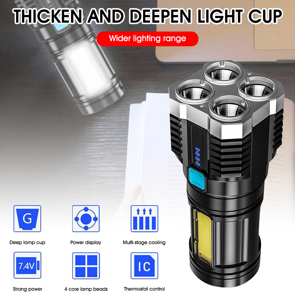 Waterproof 4 Led Usb Rechargeable Long-Range Spotlight Led Strong Bright Torch Flashlight With Battery Display Cob Side Light