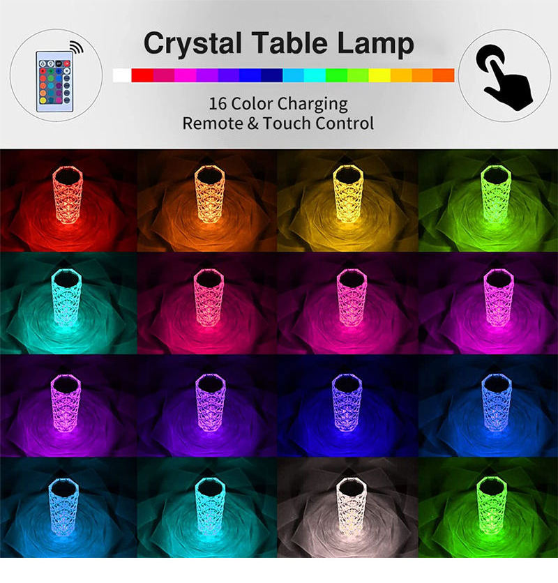 Wholesale Led Crystal Night Light Rechargeable Usb Glass Touch Control 3 16 Color Rose Table Lamp For Home Bedroom Living Room