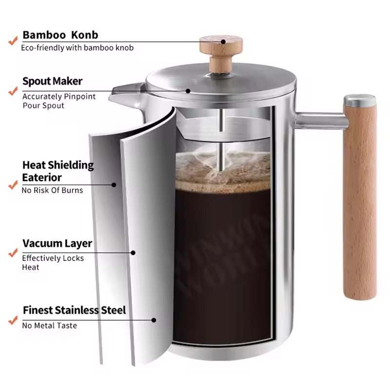 Food Grade Espresso Tools Coffee Pot Hand Filter And Plunger Double Wall Stainless Steel Coffee Maker French Press