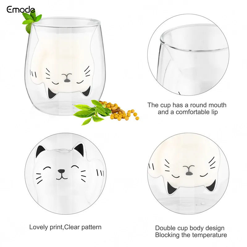 Creative Little Cat Shape Double Layer Borosilicate Glass With Wall Tea Glass Cup Without Handle Coffee Mug