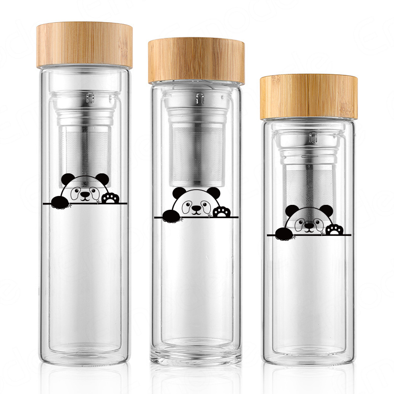 Emode Glass Water Bottle with Tea Infuser Double Walled Glass Travel Tumbler with Bamboo Lid and Non Slip Neoprene Sleeve