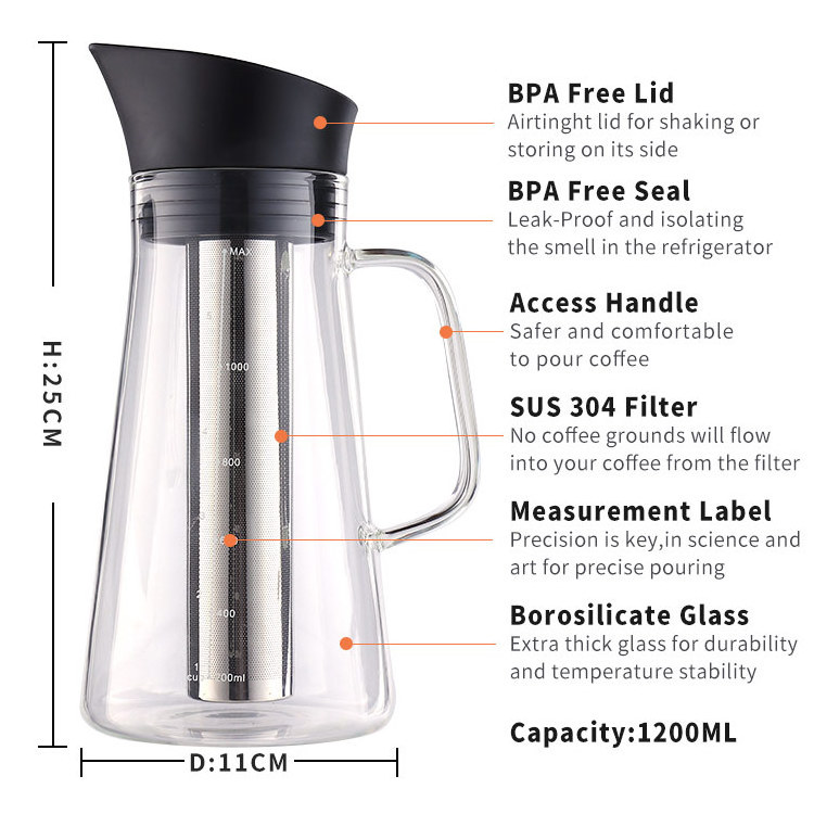 Cold Coffee Pot SHATTER-RESISTANT Restaurant Glass Decanter Carafe 42oz Glass Handle Coffee Pot Glass Pour Over Coffee Maker