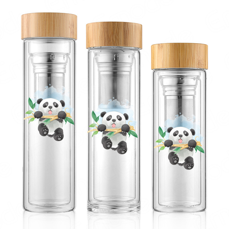 Emode Glass Water Bottle with Tea Infuser Double Walled Glass Travel Tumbler with Bamboo Lid and Non Slip Neoprene Sleeve