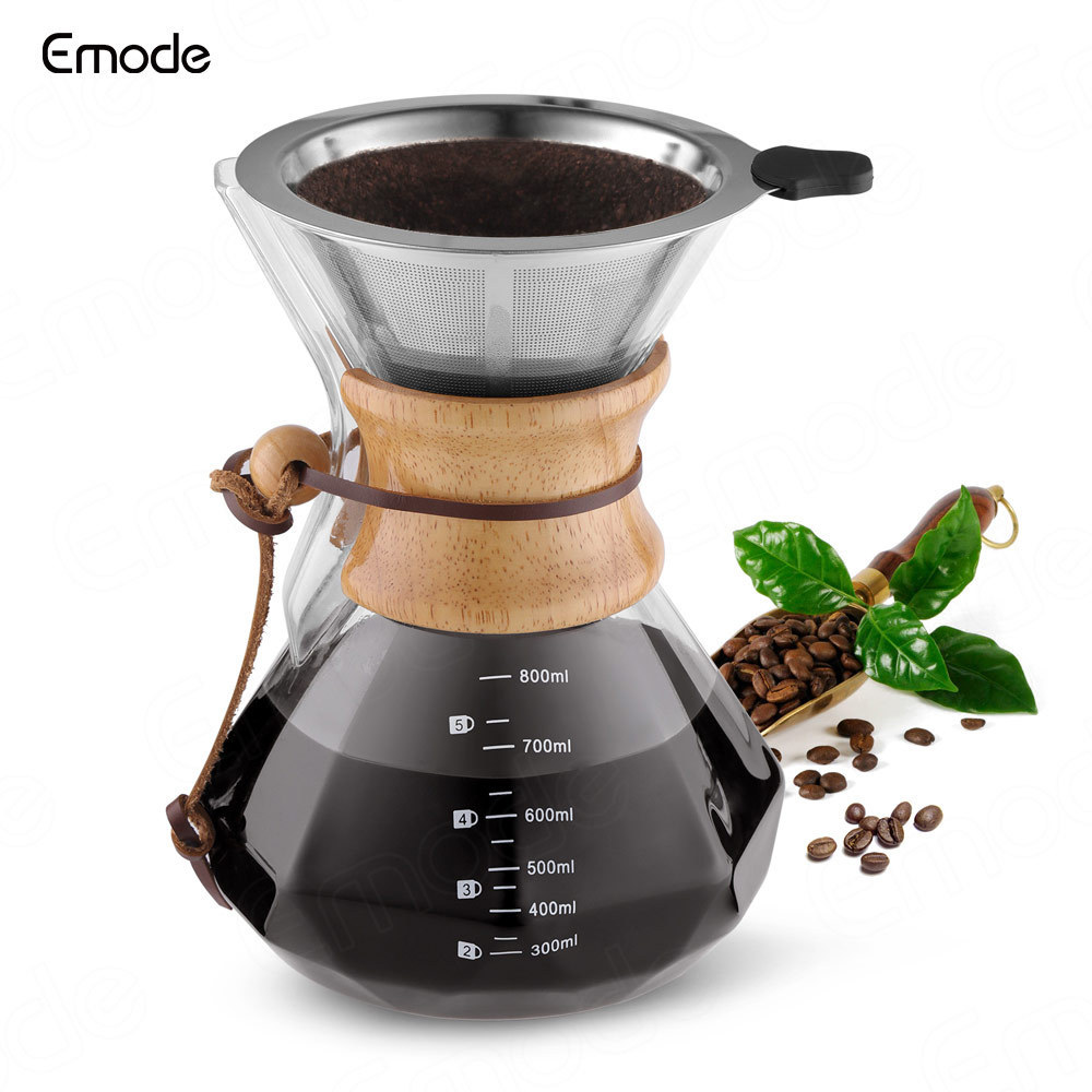 Emode Cold Brew Coffee Maker 800ml Glass Pour Over Maker with Bamboo holder and Coffee Dripper Coffee Maker