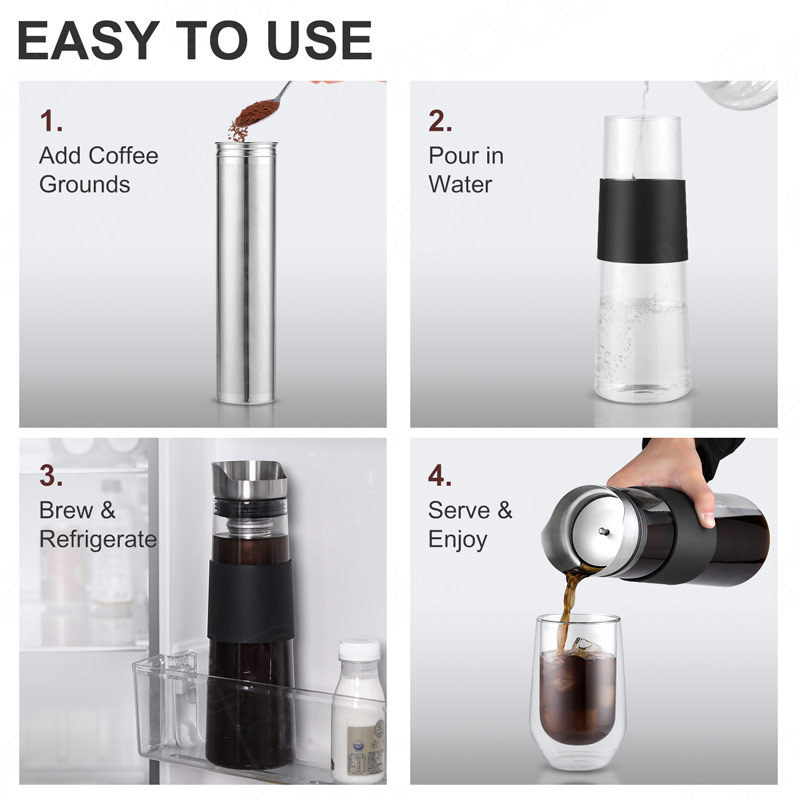 Emode 1.3L Durable Borosilicate Glass Cold Brew Iced Coffee Tea Maker with Stainless Steel Lid and Filter