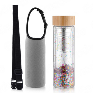 Emode Glass Water Bottle with Tea Infuser Double Walled Glass Travel Tumbler with Bamboo Lid and Non Slip Neoprene Sleeve