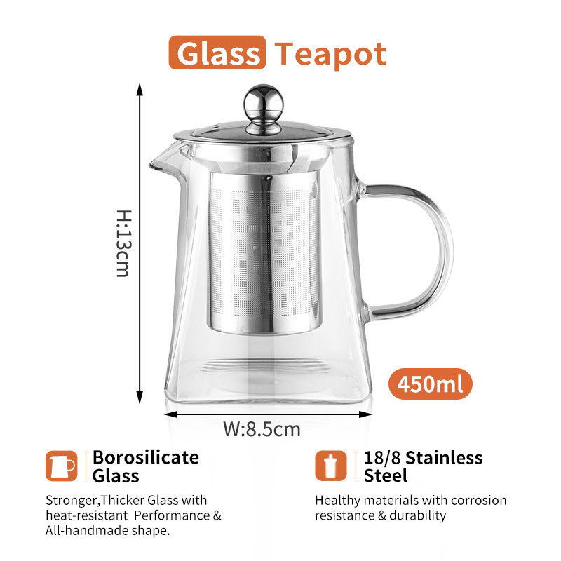 Modern 500 ml Borosilicate Square Glass Tea Pot with Infuser and Strainer Clear Leaf Teapot for Loose Tea