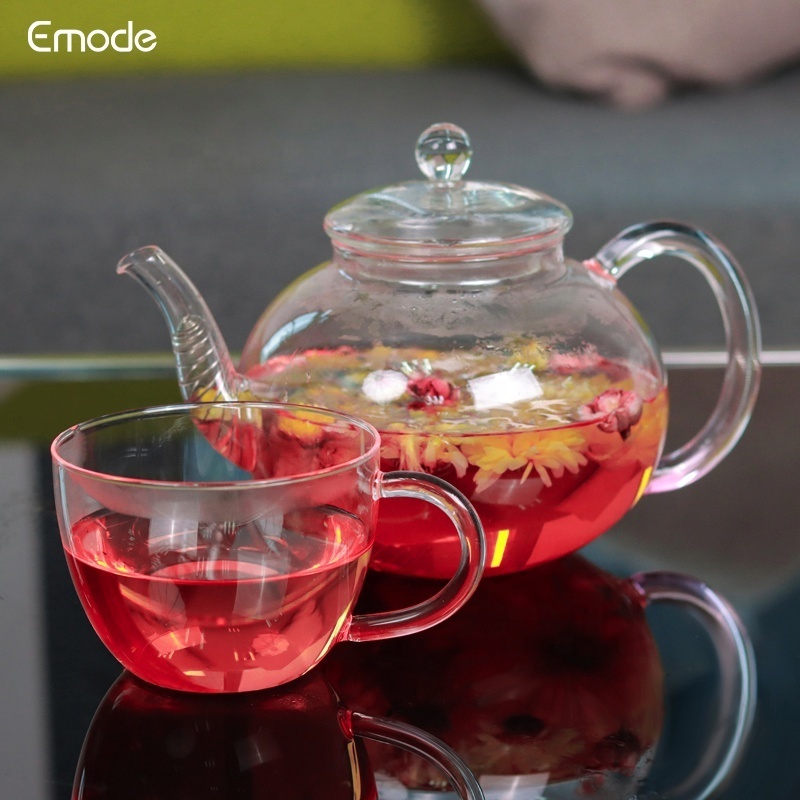 Emode Glass Tea Pot with Tea Cups Removable Infuser Blooming and Loose Leaf Tea Maker and Teacups Set, Stovetop Microwave Safe