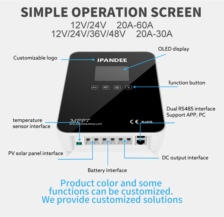 Ipandee High Efficiency Lithium Battery 12V 24V 20A-60A Mppt Solar Charge Controller 12V For Rv Household