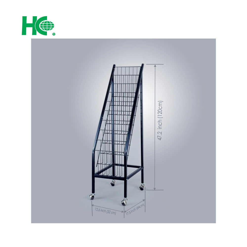 Floor standing metal magazine rack stand with wheels