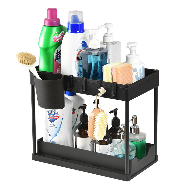 WIREKING2 Tier Pull out Sliding organization and Storage with 4 Hooks for Bathroom Cabinet Under Sink Organizer