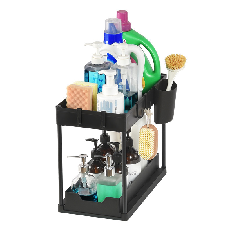 WIREKING2 Tier Pull out Sliding organization and Storage with 4 Hooks for Bathroom Cabinet Under Sink Organizer