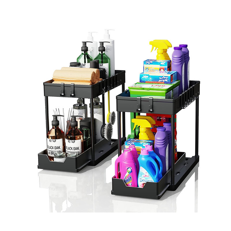 WIREKING Under Sink Organizers and Storage 2-Tier Sliding Cabinet Basket Organizer with Hooks Under Sink Organizer