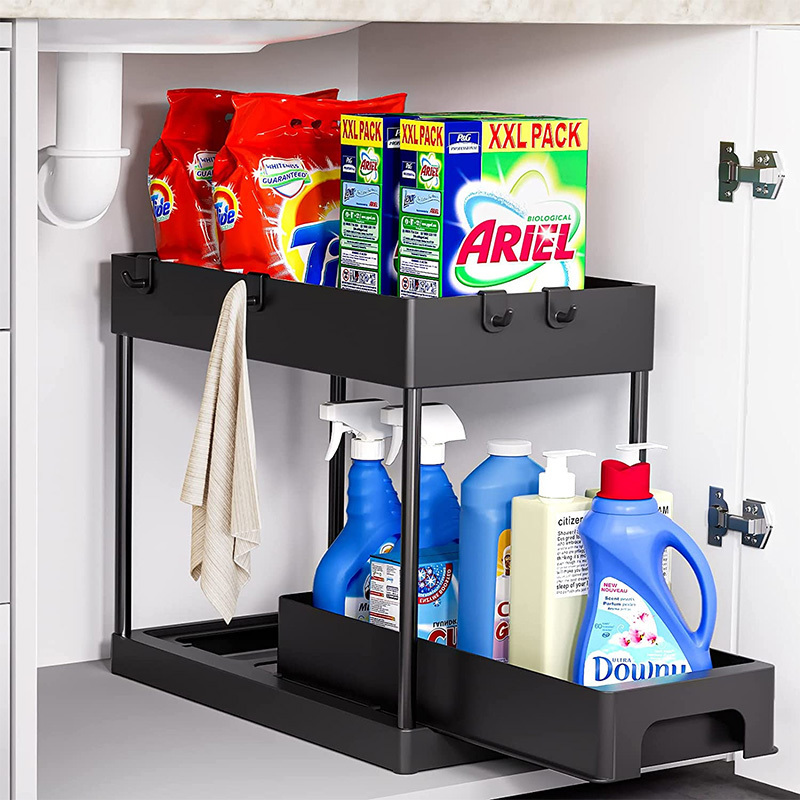 WIREKING Under Sink Organizers and Storage 2-Tier Sliding Cabinet Basket Organizer with Hooks Under Sink Organizer