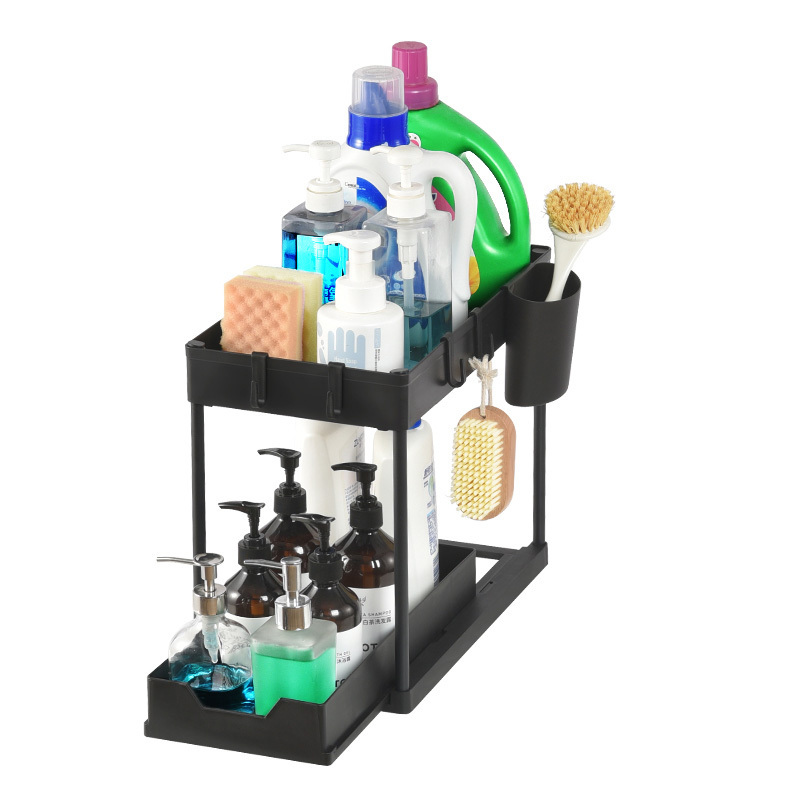 WIREKING Under Sink Organizers and Storage 2-Tier Sliding Cabinet Basket Organizer with Hooks Under Sink Organizer