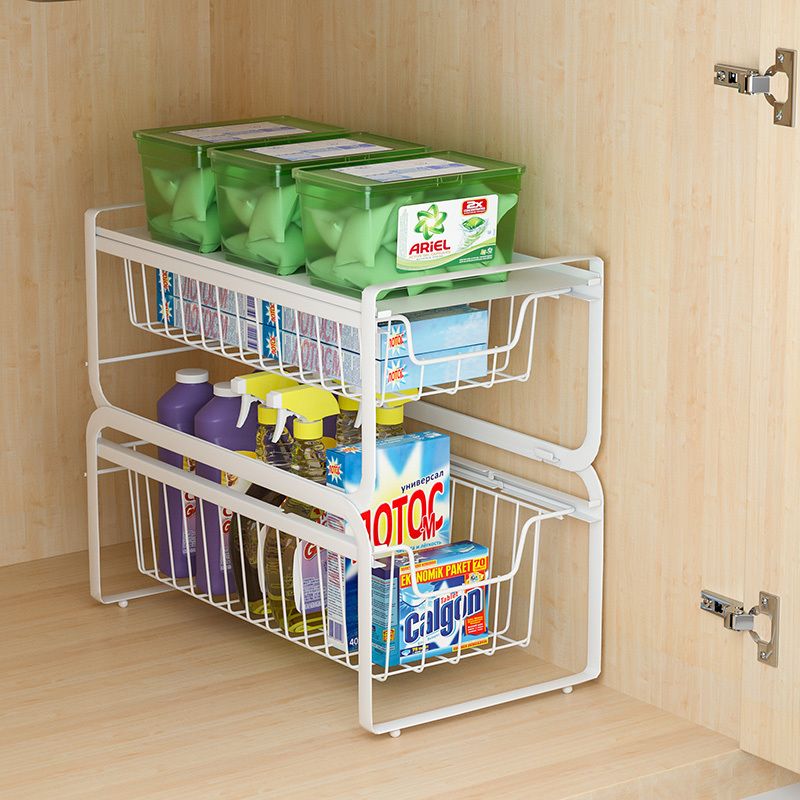 WIREKING Advanced Metal Storage Basket Sliding Kitchen Organizer Rack Under Sink Storage Rack Organizer with Putout Drawers