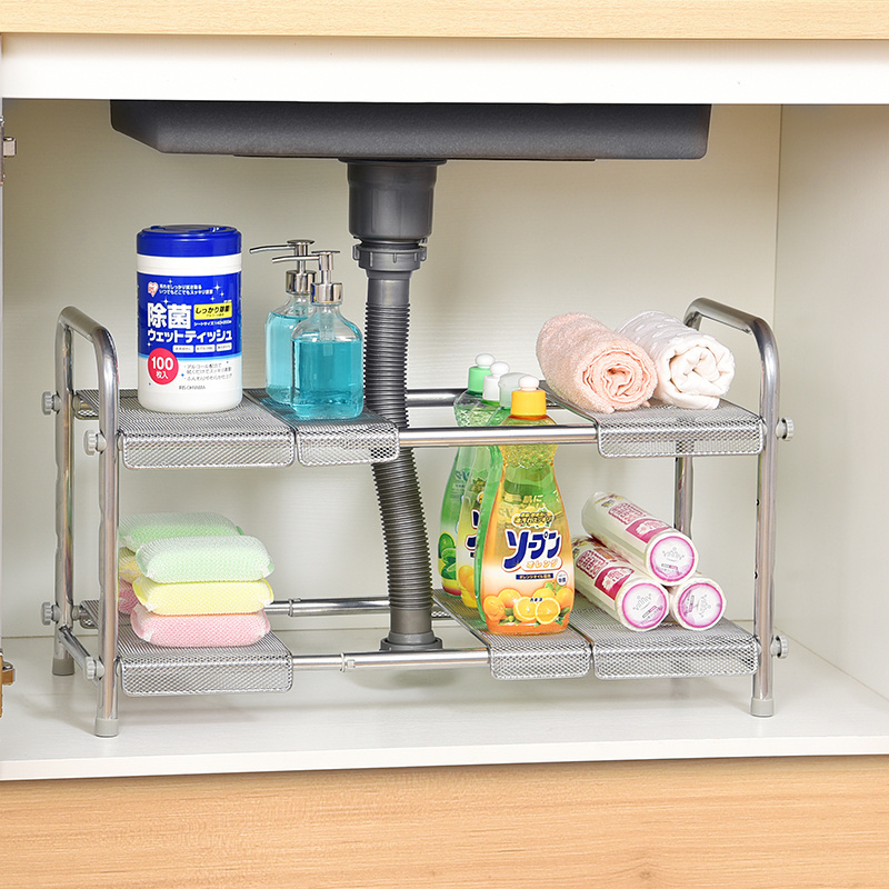 WIREKING 3 Height Adjustable Under Sink Organizer 2 Tier Expandable Cabinet Shelf Organizer with Removable Panels