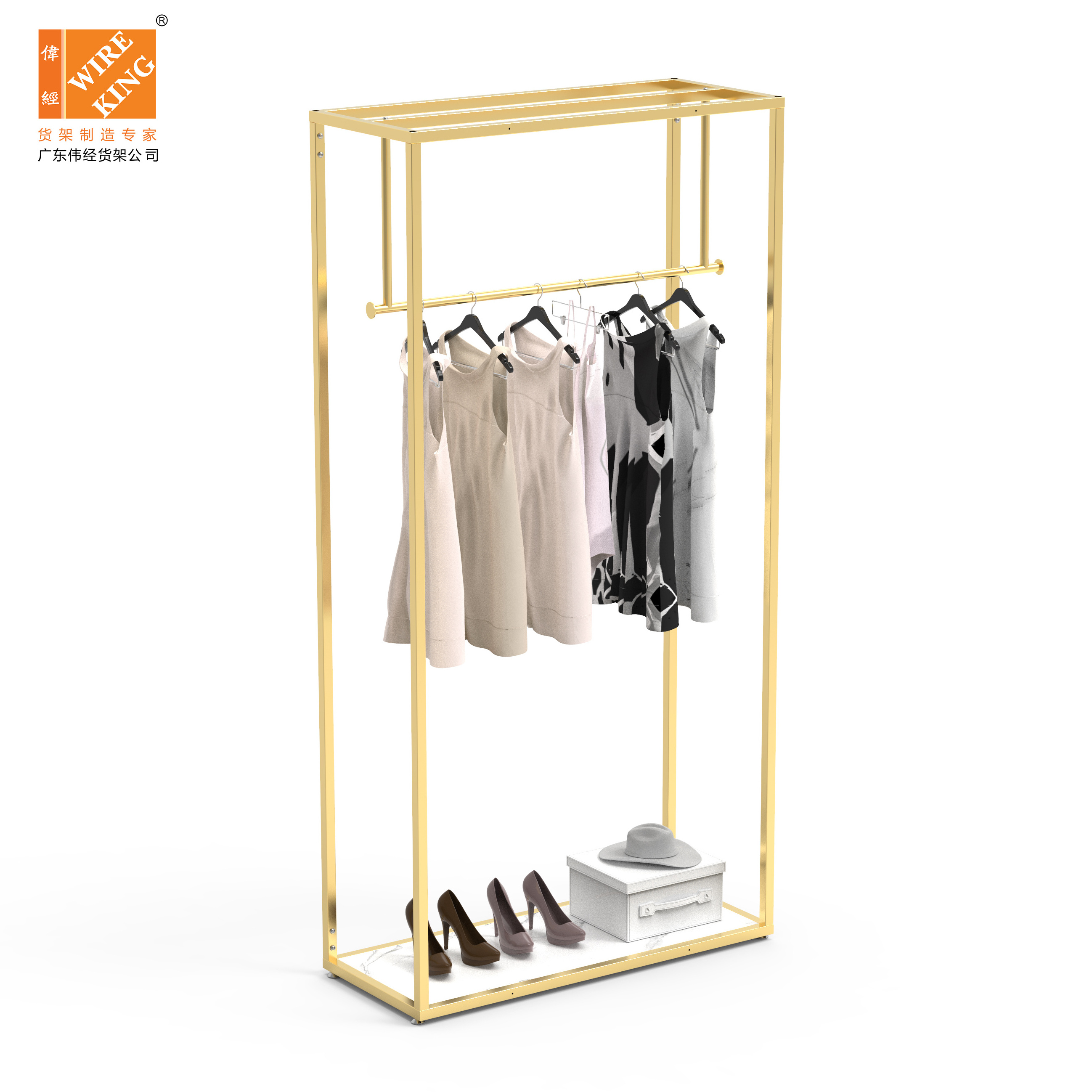 WIREKING Customized Boutique Retail Store Clothing Women Dress Clothing Display Stand Gold Clothing Rack