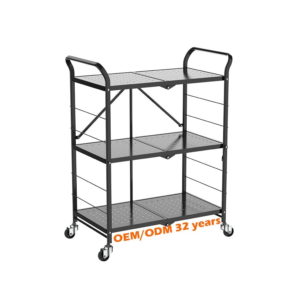 foldable 3-tier storage shelves four wheels metal storage shelving units heavy duty bookshelf collapsible kitchen shelf for home