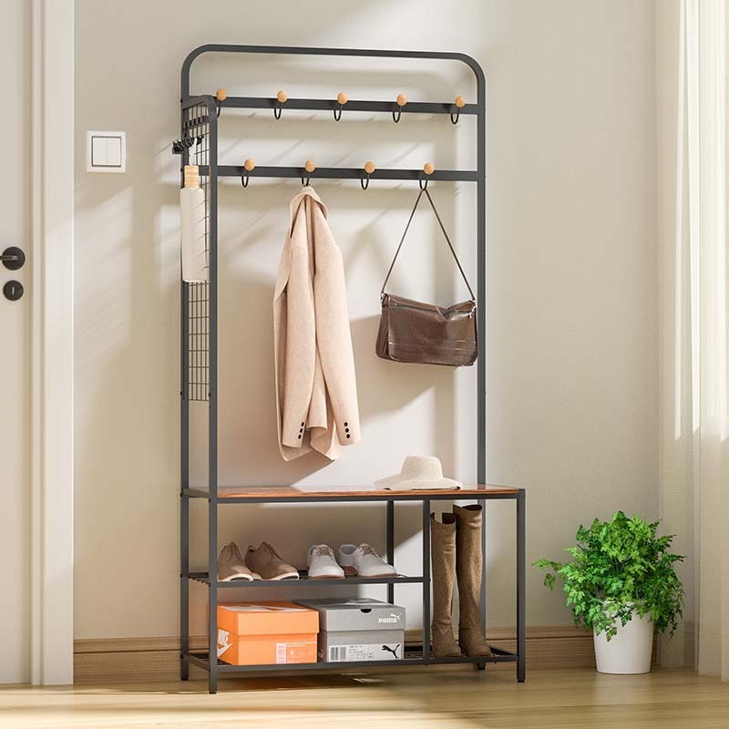 WIREKING Living Room Entryway Metal Hall Tree Clothes Coat Rack Standing Type Metal Coat and Shoes Rack