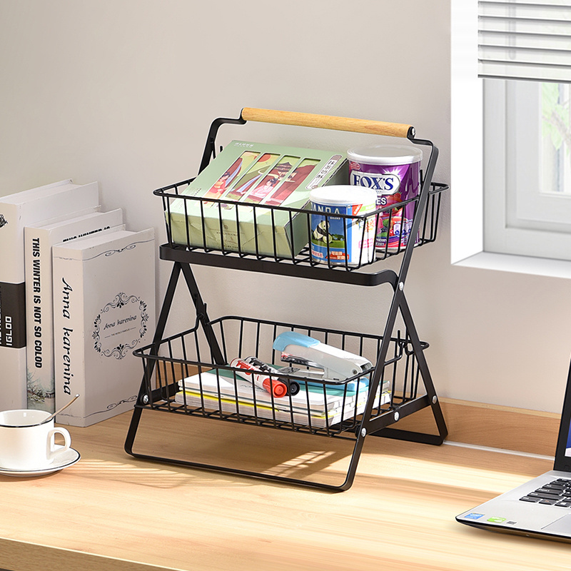 WIREKING Kitchen Vegetable Storage Baskets and Racks Black Color Wire Metal Fruit Basket with Wooden Handle