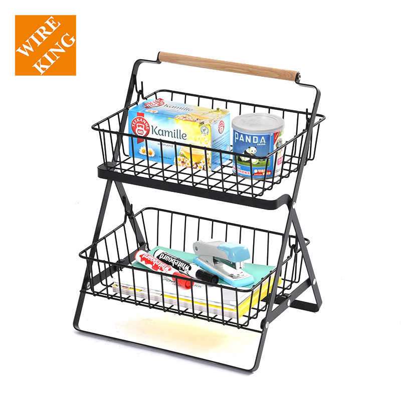 WIREKING Kitchen Vegetable Storage Baskets and Racks Black Color Wire Metal Fruit Basket with Wooden Handle