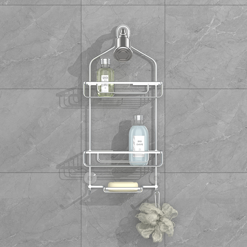 WIREKING No Drilling Aluminum Bathroom Rustproof Organizer Shelf Rack Anti Swing Hanging Shower Caddy