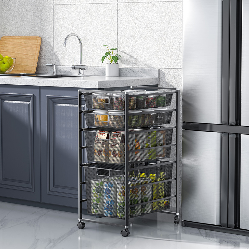 WIREKING Luxury Kitchen Narrow Metal and Wood Sliding Storage Basket Flexible Shelf Rack Vegetable & Fruit Basket