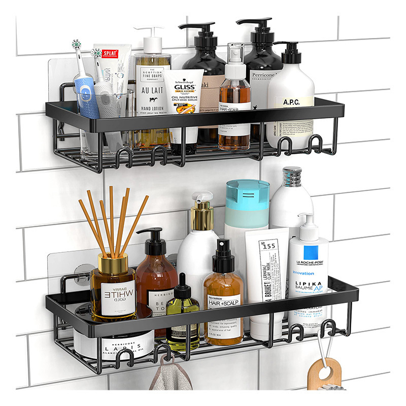 WIREKING 5 Pack Adhesive Black Bathroom Shelves Basket Shower Caddy Shelf Organizer Rack with Soap Holder and Hooks