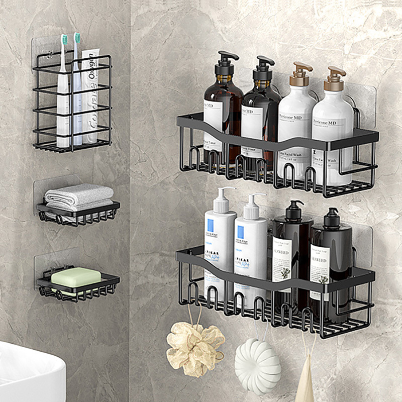 WIREKING Save Space Shower Caddies Shelf Organizer 5 Pack Adhesive Black Shower Organizer No Drilling Shower Shelves