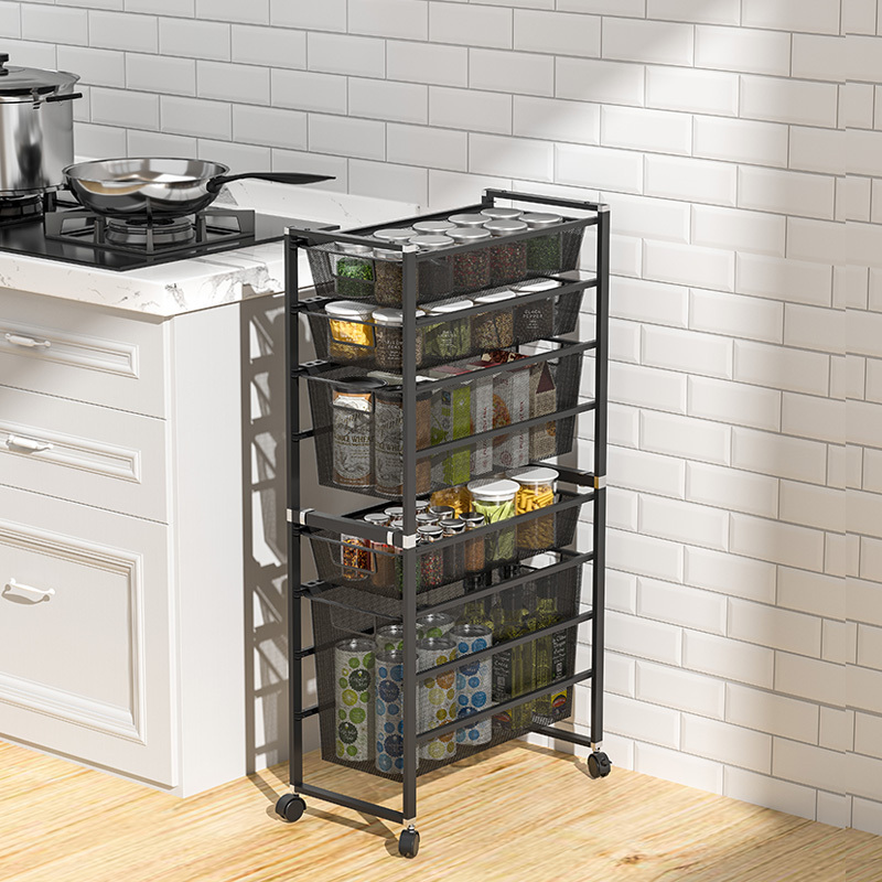 WIREKING Luxury Kitchen Narrow Metal and Wood Sliding Storage Basket Flexible Shelf Rack Vegetable & Fruit Basket