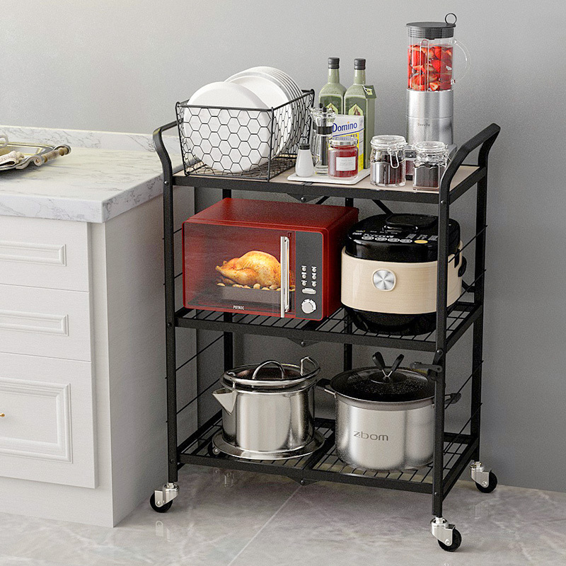 foldable 3-tier storage shelves four wheels metal storage shelving units heavy duty bookshelf collapsible kitchen shelf for home