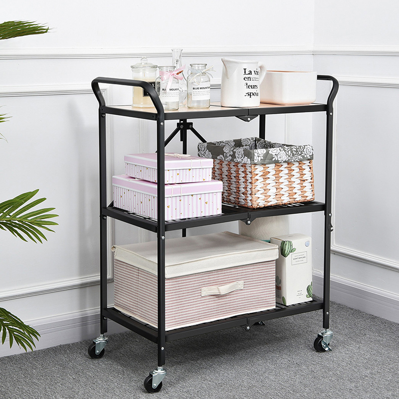 foldable 3-tier storage shelves four wheels metal storage shelving units heavy duty bookshelf collapsible kitchen shelf for home