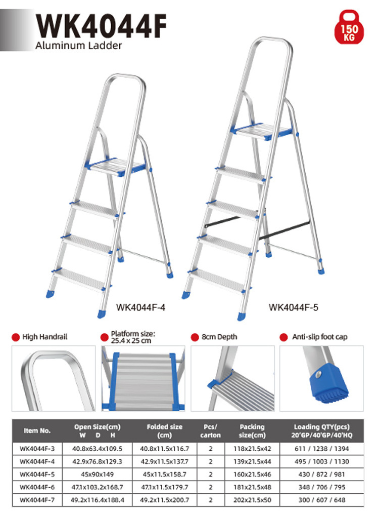 150kg max load aluminum 6 7 8 step folding ladder outdoor portable escaleras aluminium step ladder with handrail